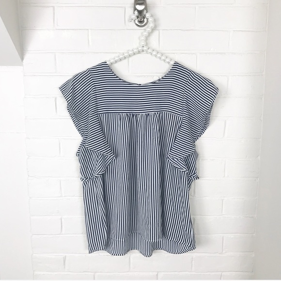 Monteau Tops - {Monteau} Striped Navy Ruffle Sleeve Blouse